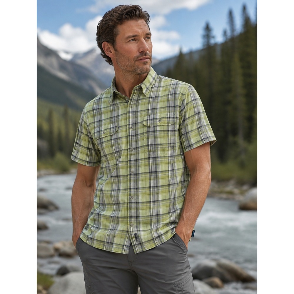 Kuhl Eluxur Mens S Green Plaid ShortSleeve IONIK Technical Hiking Shirt gorpcore